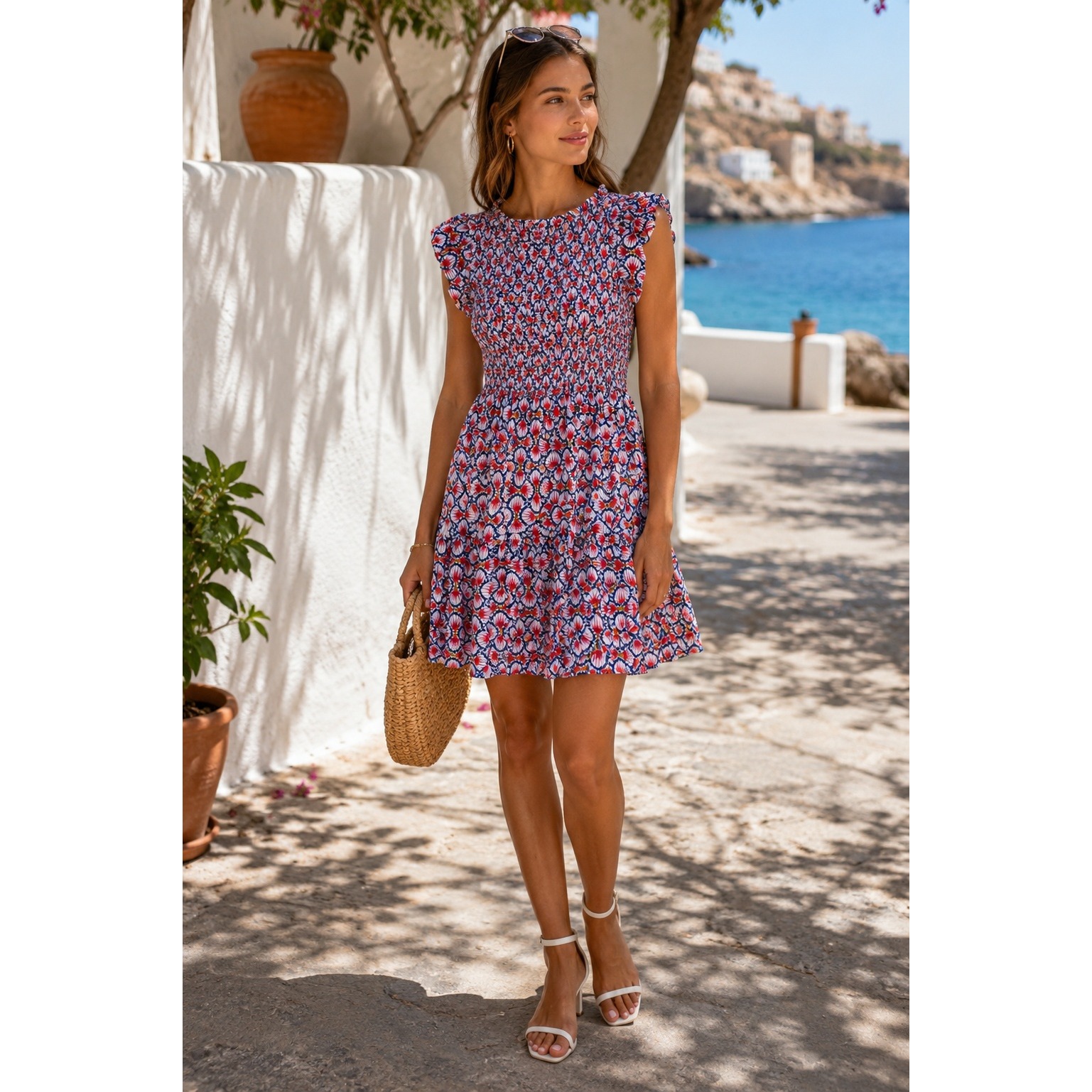 Caballero Bea Smocked Silk Cotton Mini Dress Red White Blue Geometric Xs